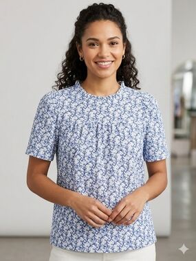 LOFT Petite Blue Floral Ruffle Neck Blouse MP Seersucker Short Sleeve Top